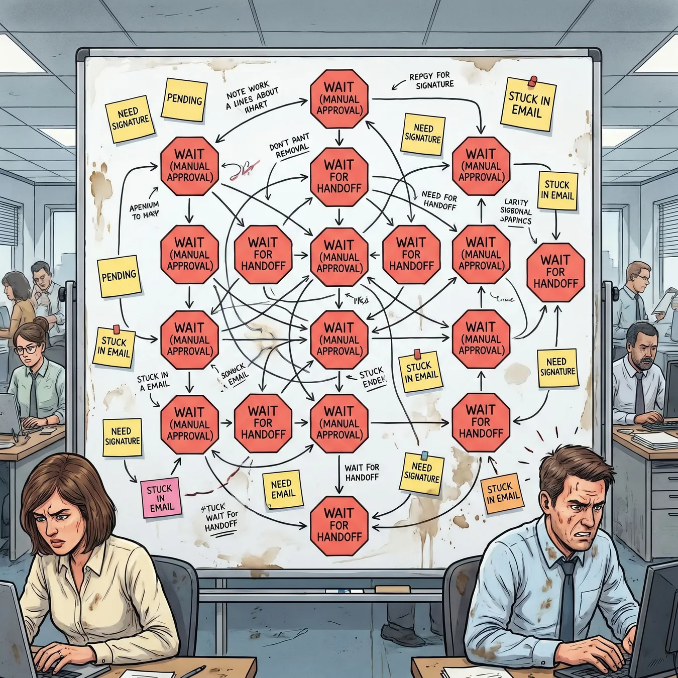 A bottlenecked delivery flow.