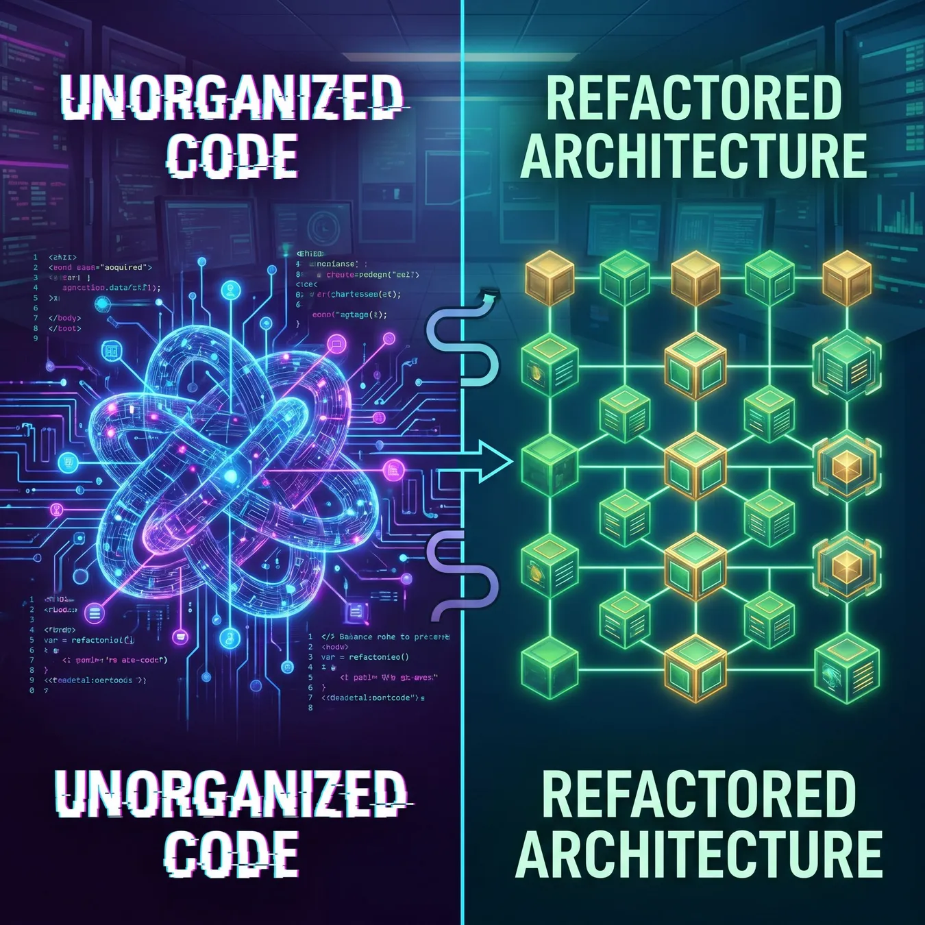 Visualizing the transition from tangled AI prototypes to structured production code.