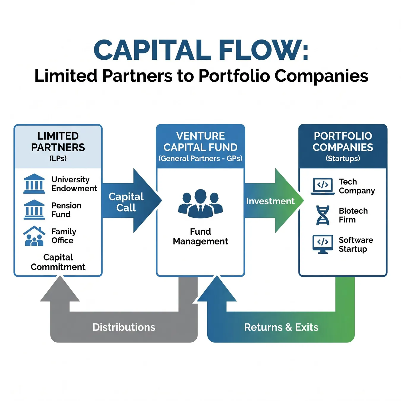 The flow of capital in a standard venture capital structure.