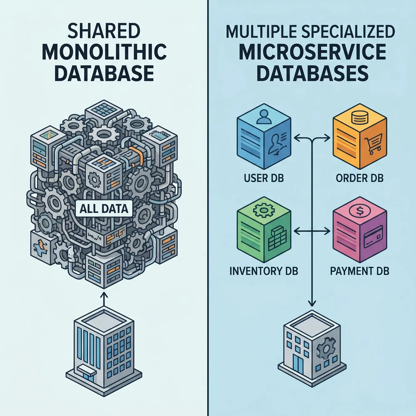 Polyglot persistence allows each service to use the most performant data engine for its specific task.