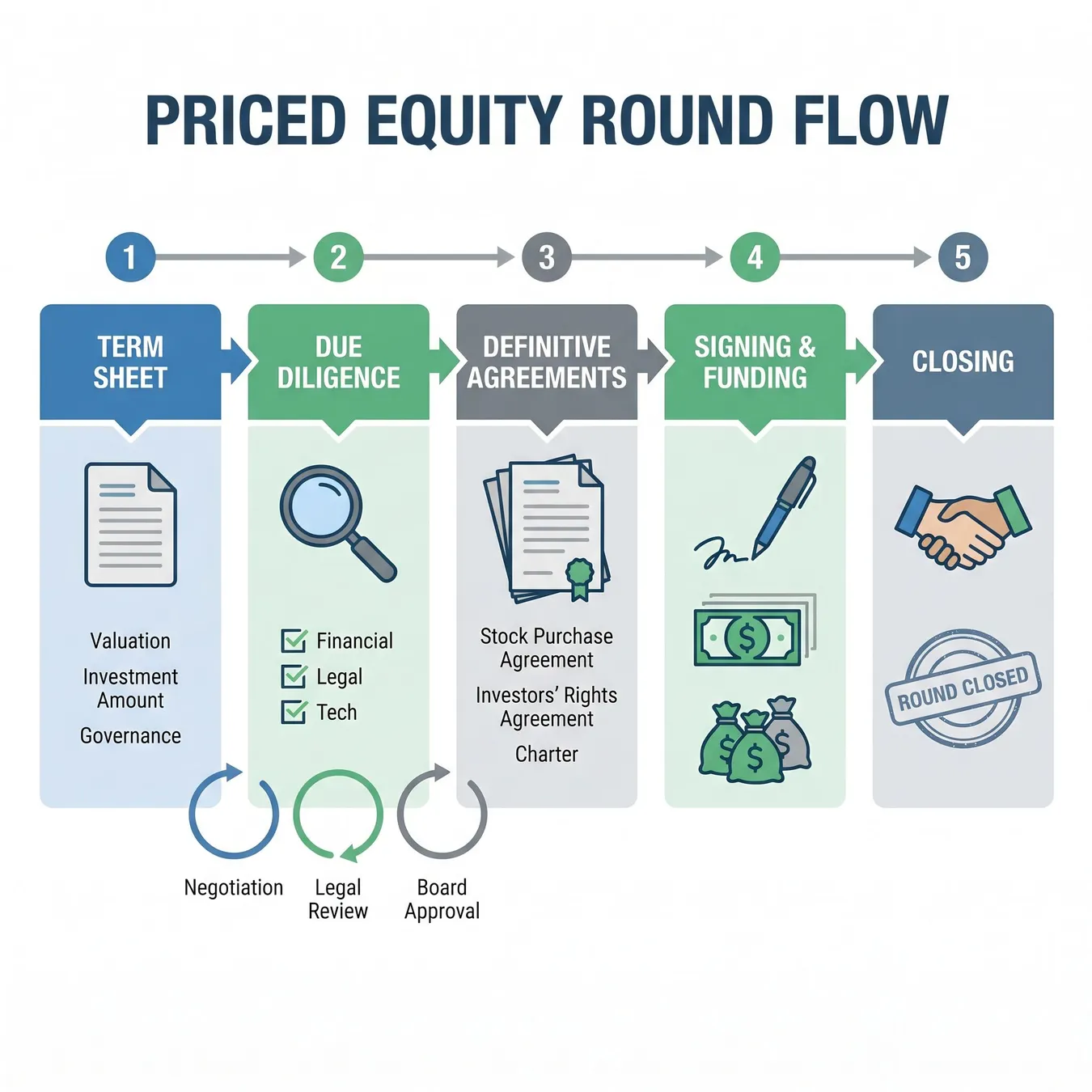 The structural flow of a formal priced equity investment.
