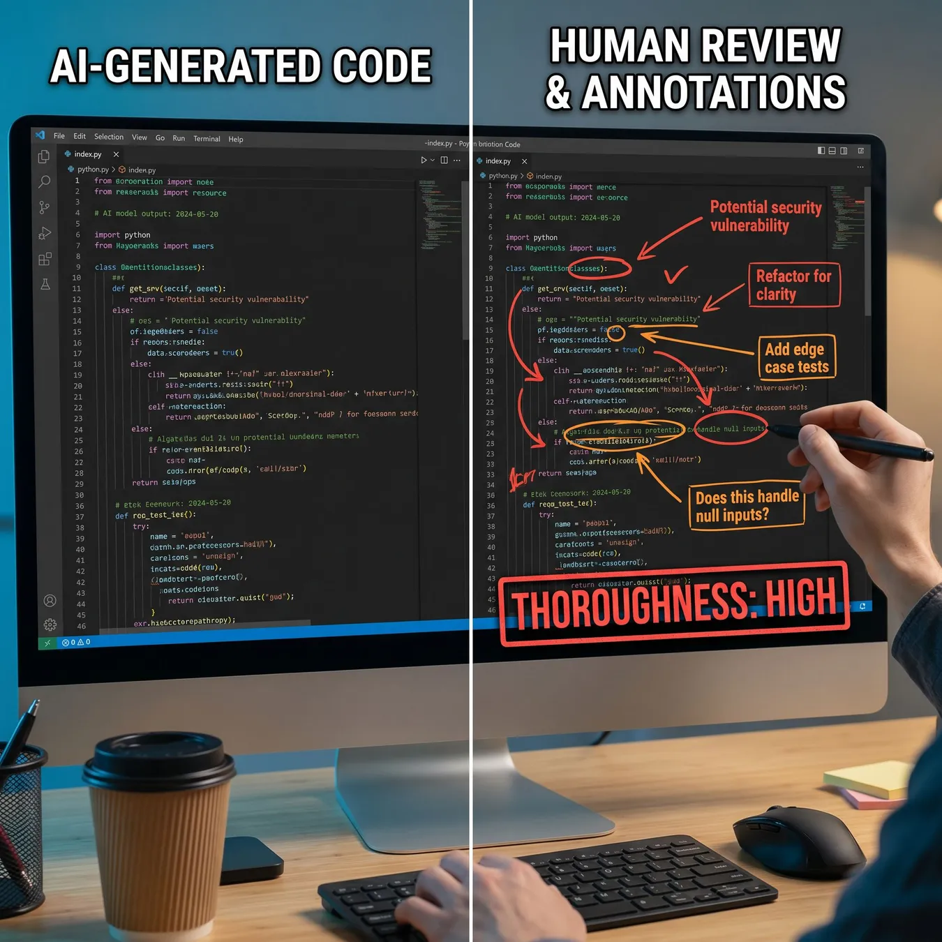 Thorough human review is the final gate for AI-generated logic.