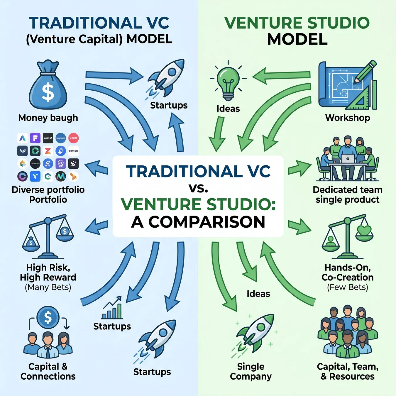 Comparing passive capital to operational venture models.
