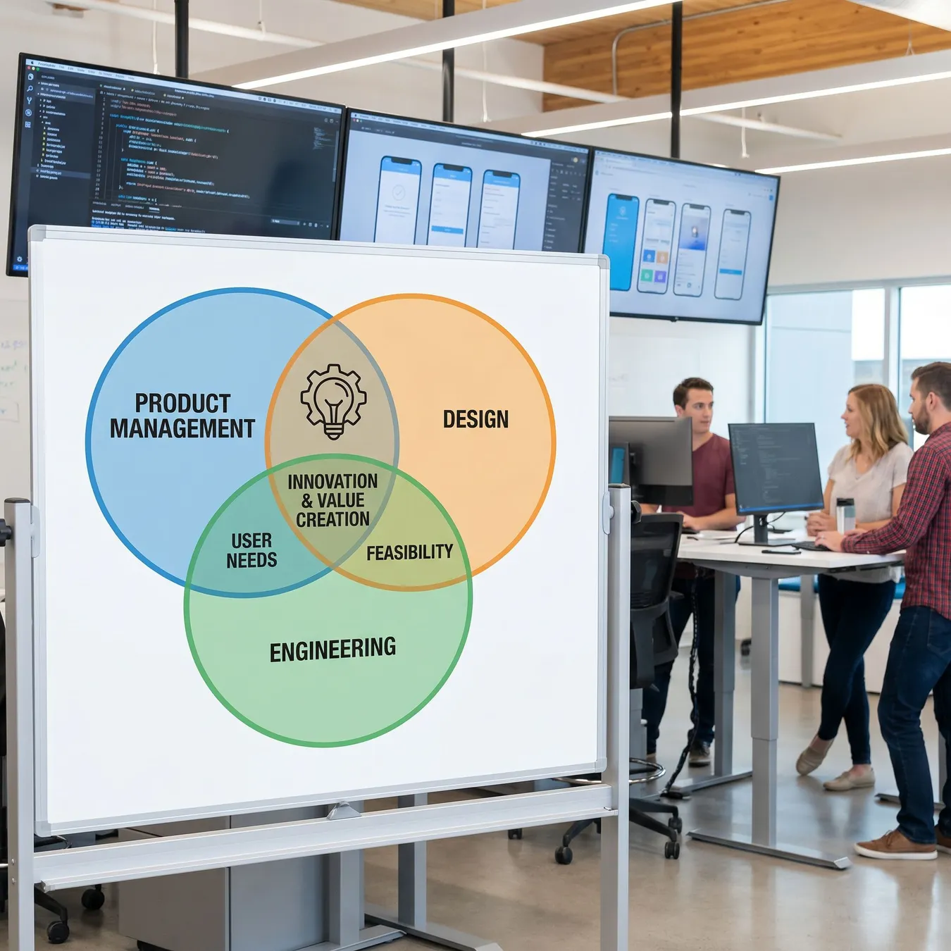 The core triad of modern product delivery: Product, Design, and Engineering.