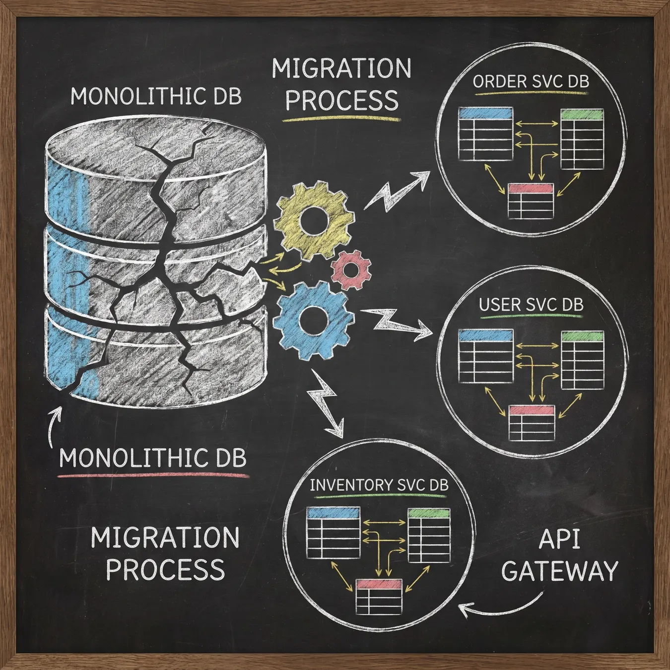 Visualizing the transition from a shared database to per-service data ownership.