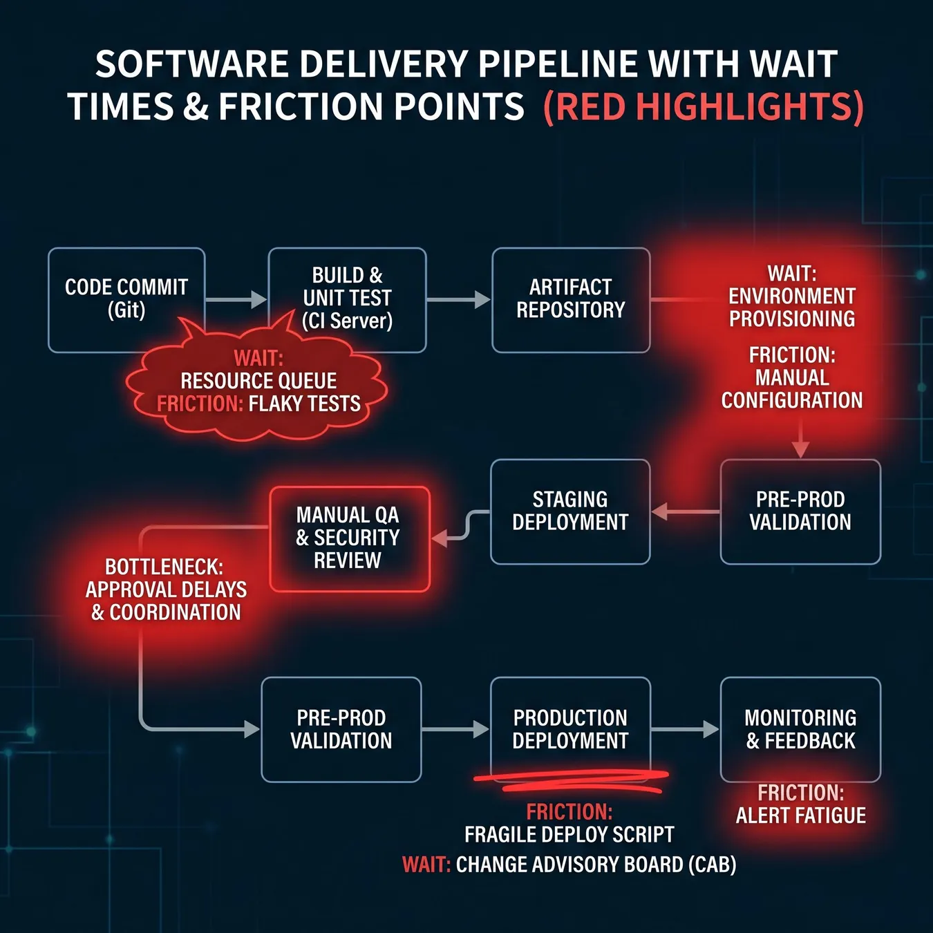 Visualizing the hidden wait states in a standard delivery pipeline.