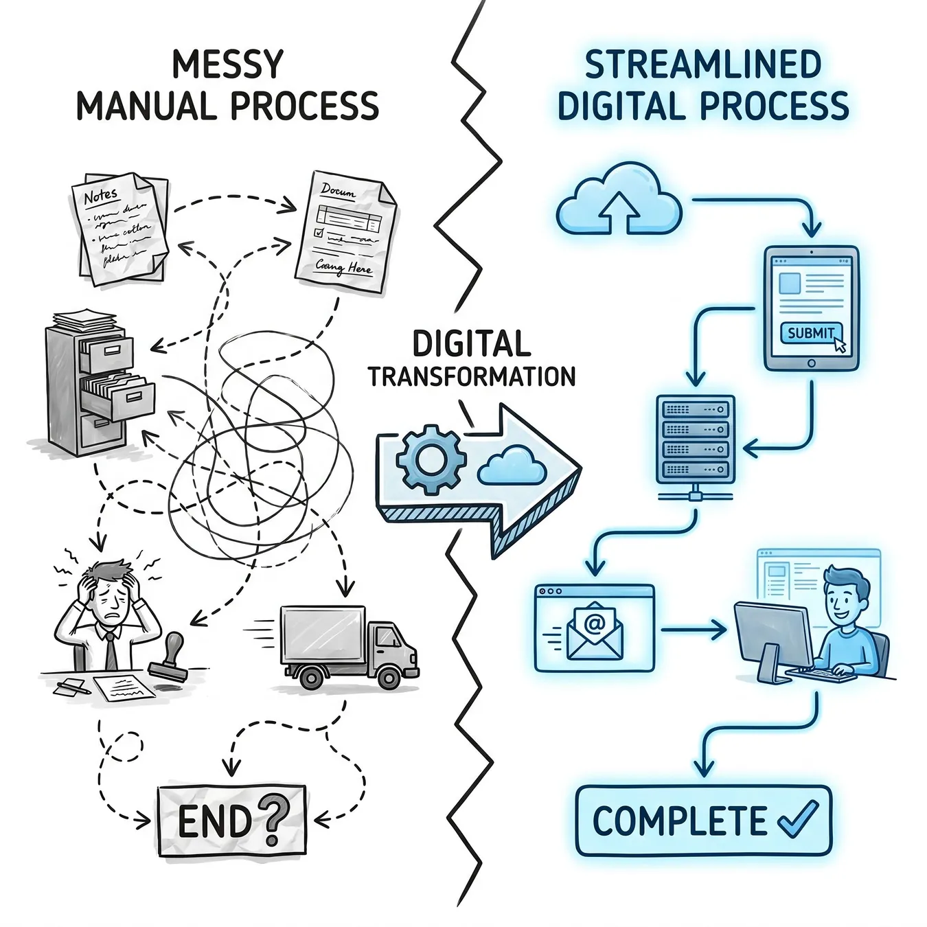 Visualizing the transition from manual drag to digital efficiency.