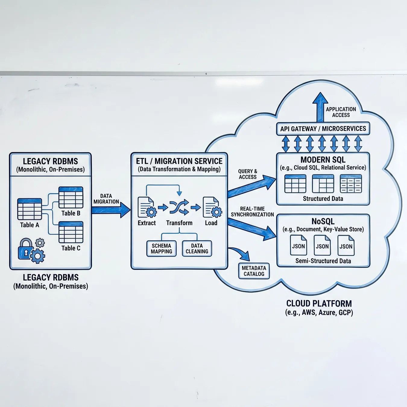 Visualizing the transition from rigid legacy schemas to flexible cloud architectures.