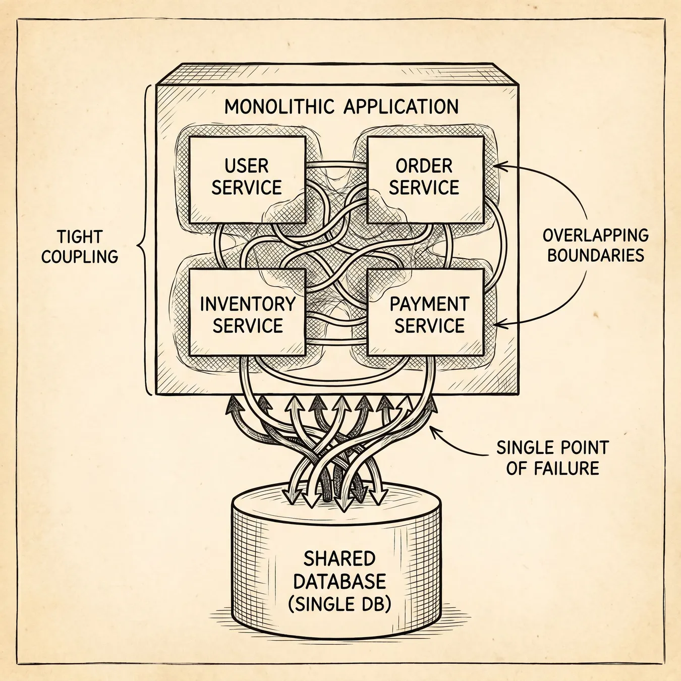 The original monolithic state: tight coupling and shared database bottlenecks.