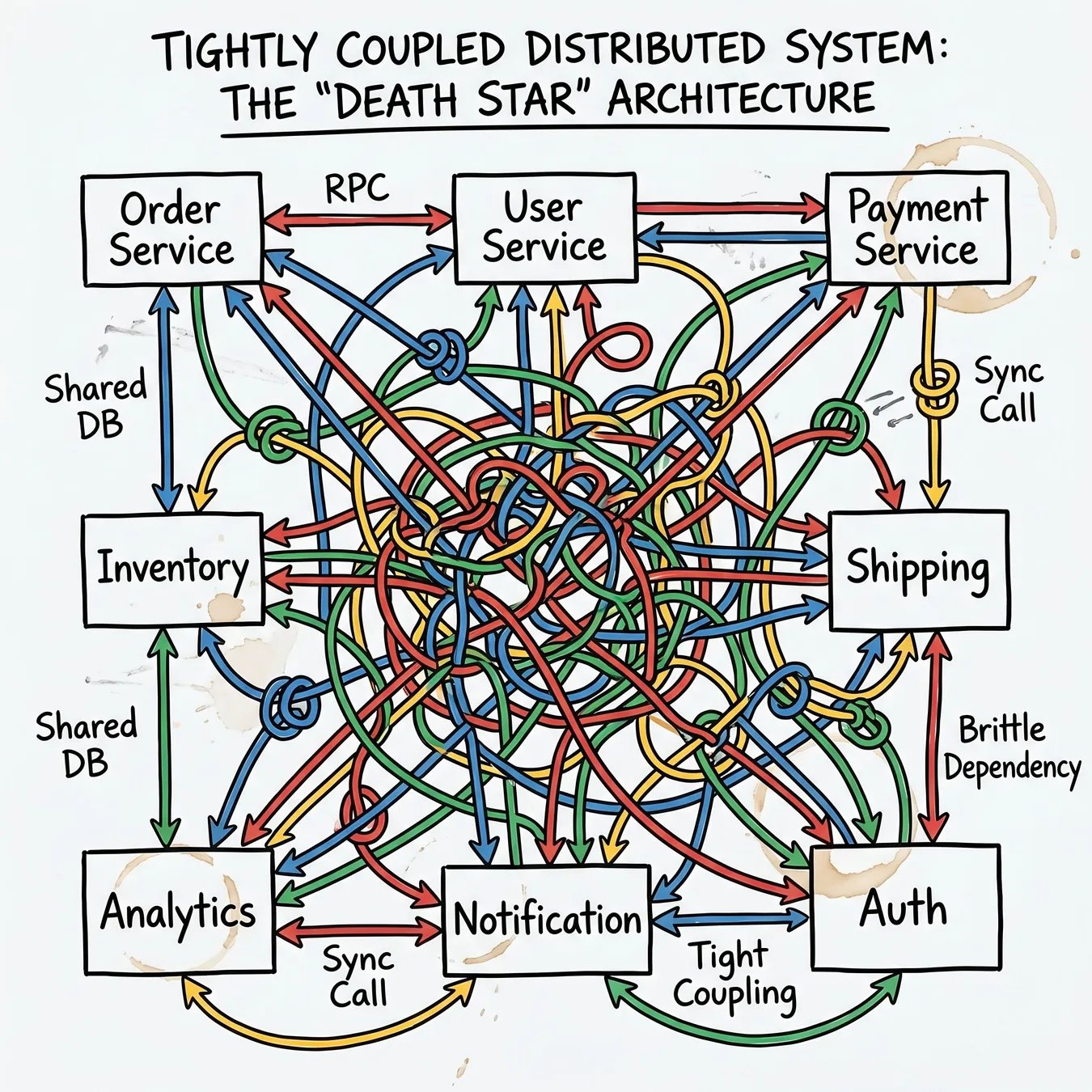 The visual representation of a distributed monolith: high complexity with no independence.