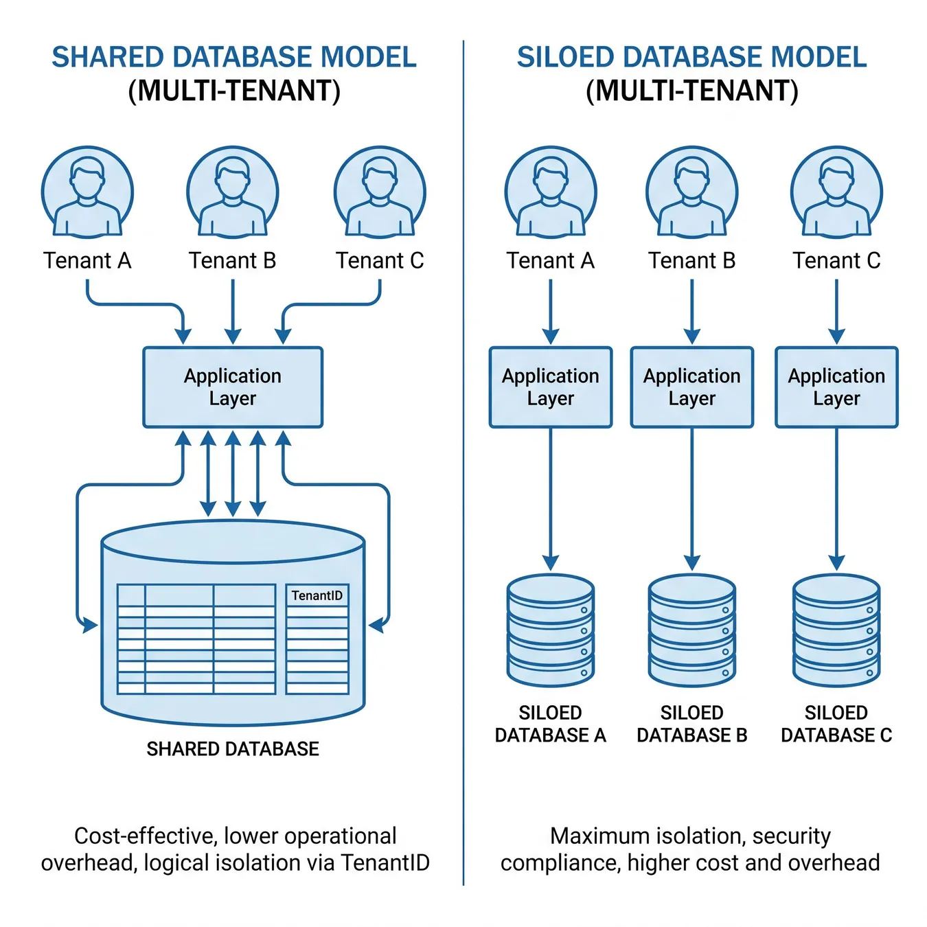 Visualizing the trade-offs between shared and siloed data isolation models.