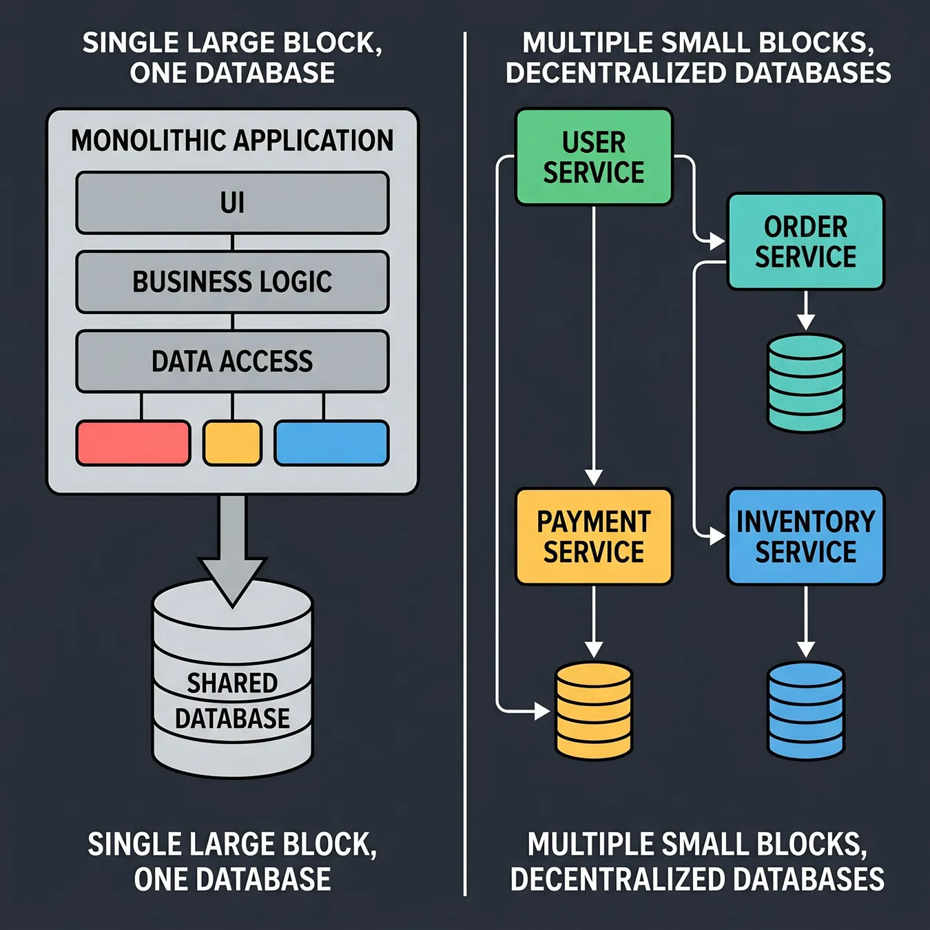 Visualizing the shift from shared resources to isolated service domains.