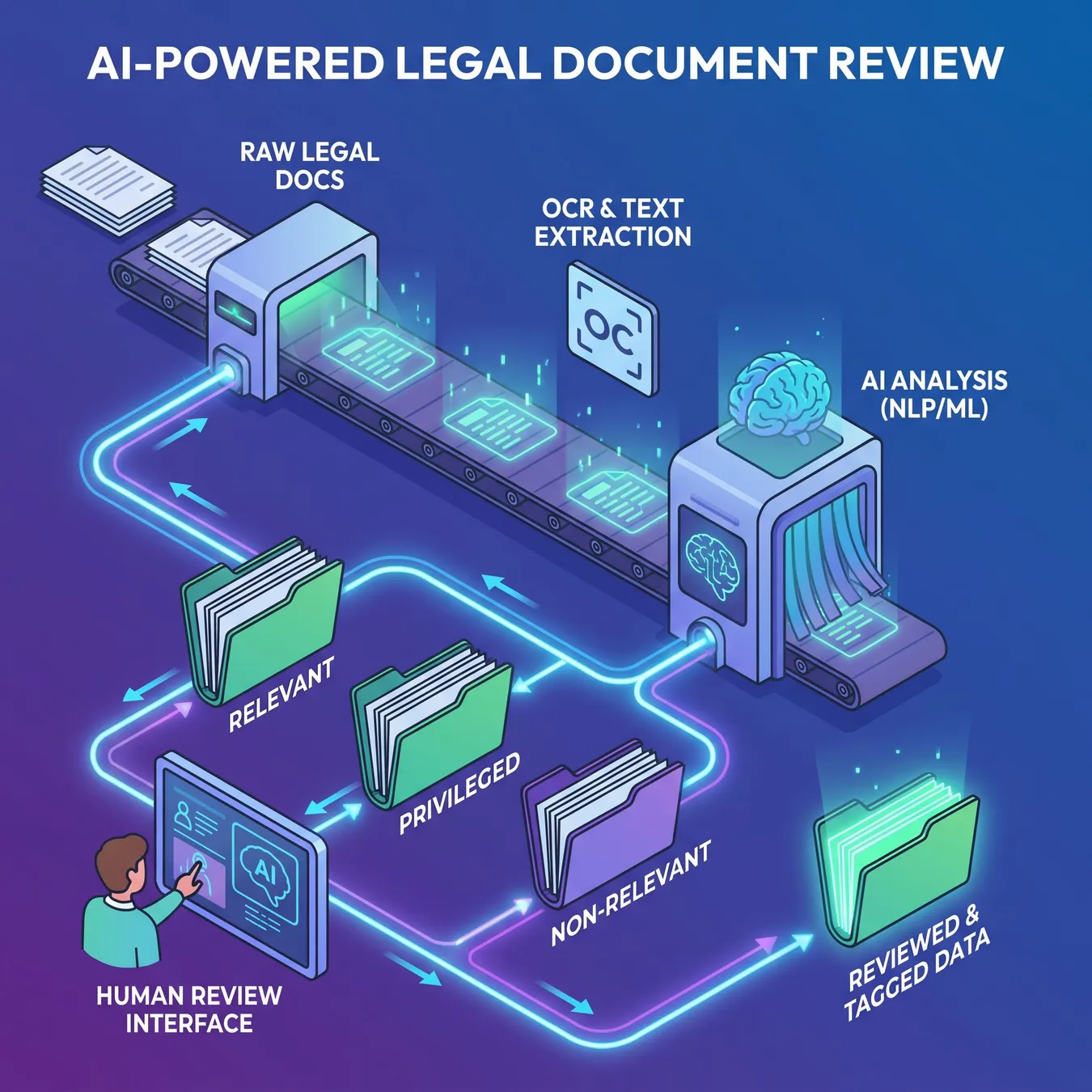 AI-driven workflows can process thousands of documents in minutes, identifying key clauses and risks.