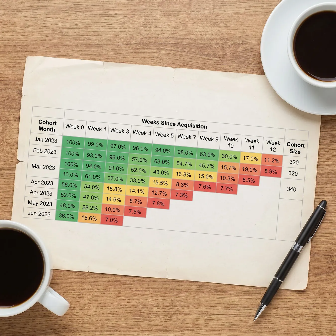 Retention cohorts tracking long-term value.