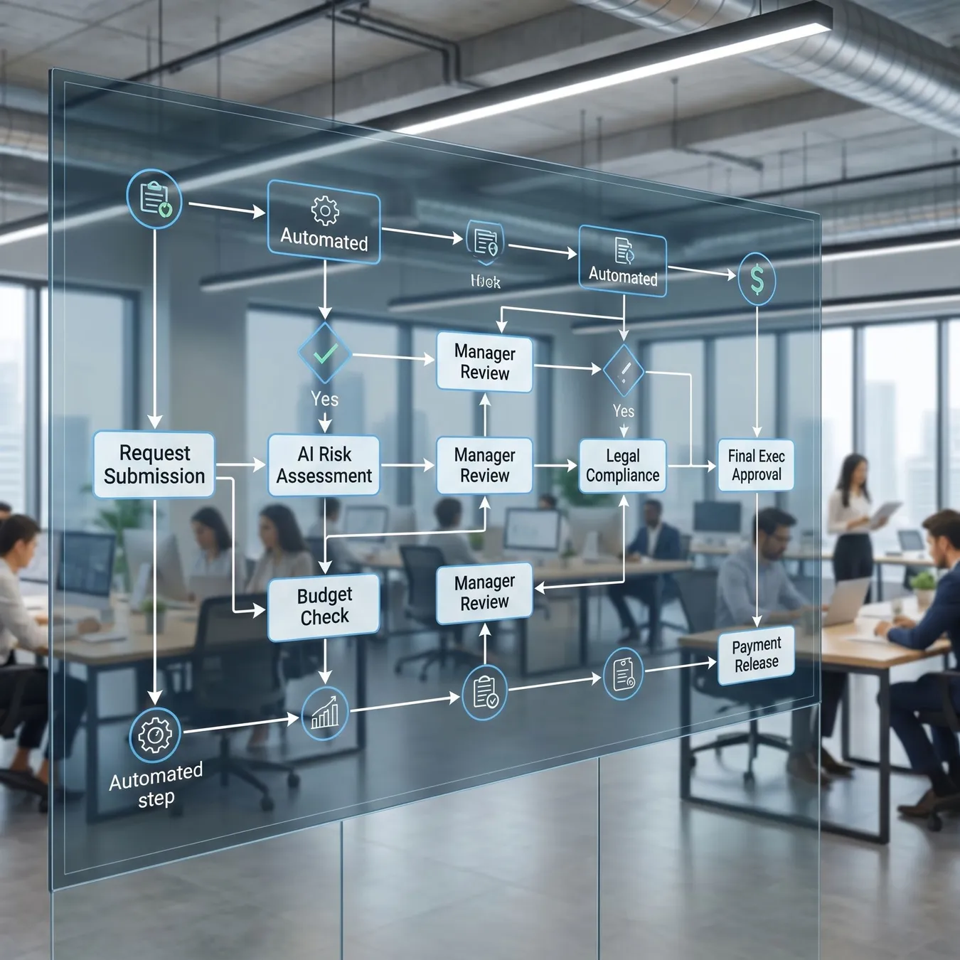 Visualizing automated multi-tier approval logic.