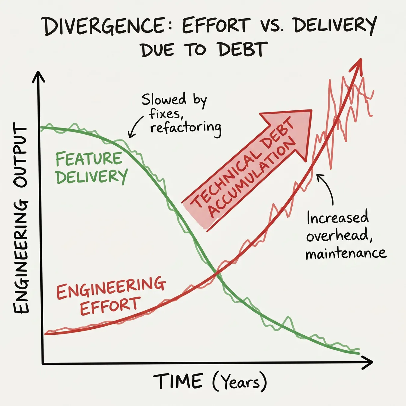 The widening gap between effort and output in high-debt environments.