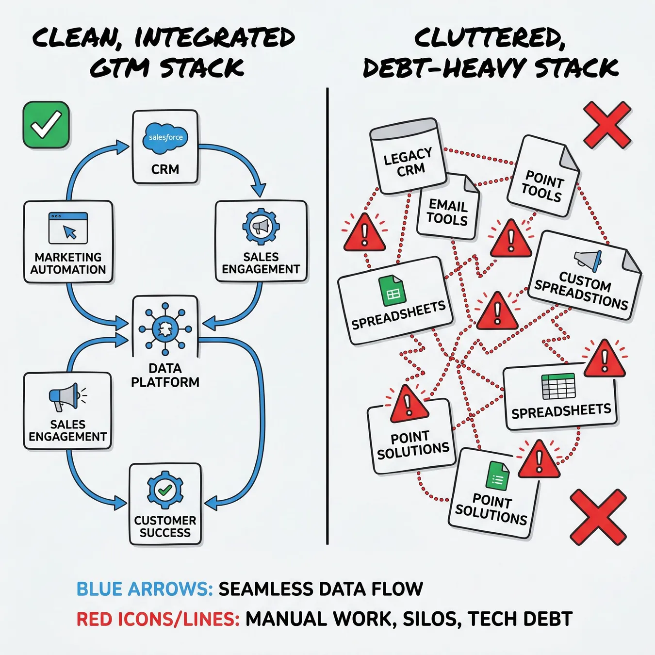 Visualizing the difference between a debt-heavy and an optimized GTM architecture.