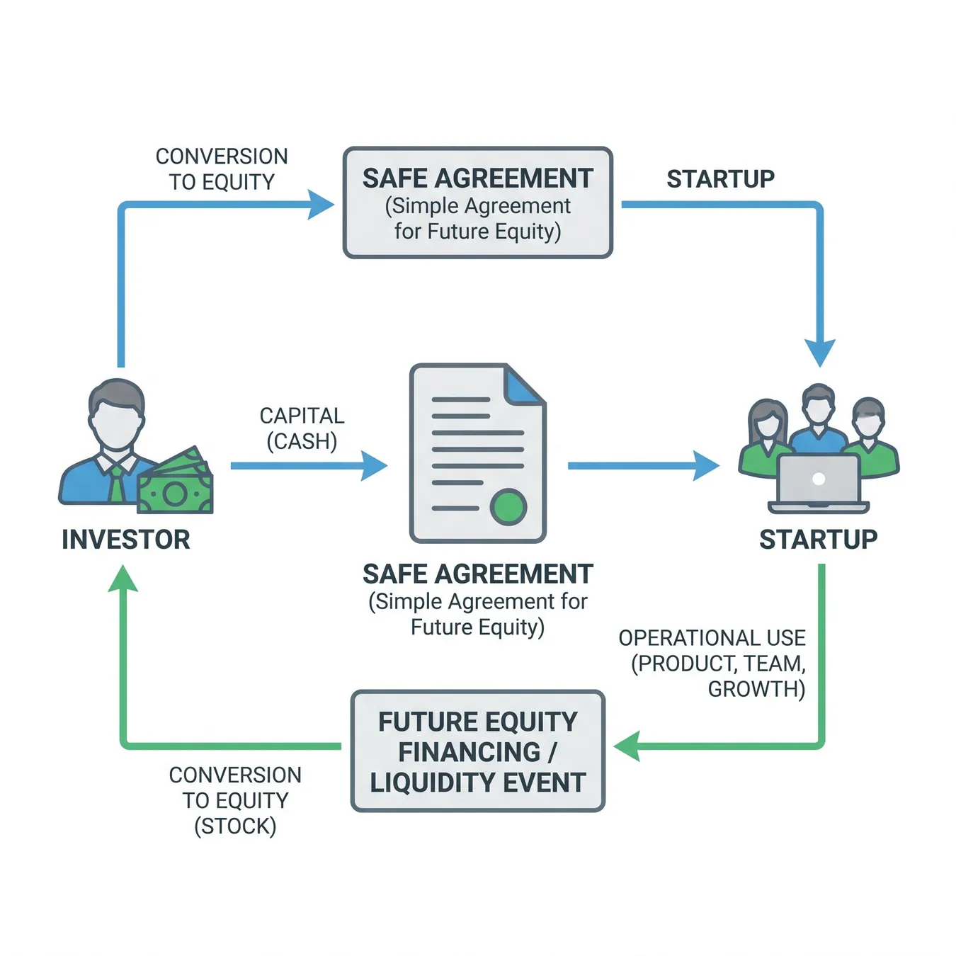 The mechanics of a Simple Agreement for Future Equity (SAFE).