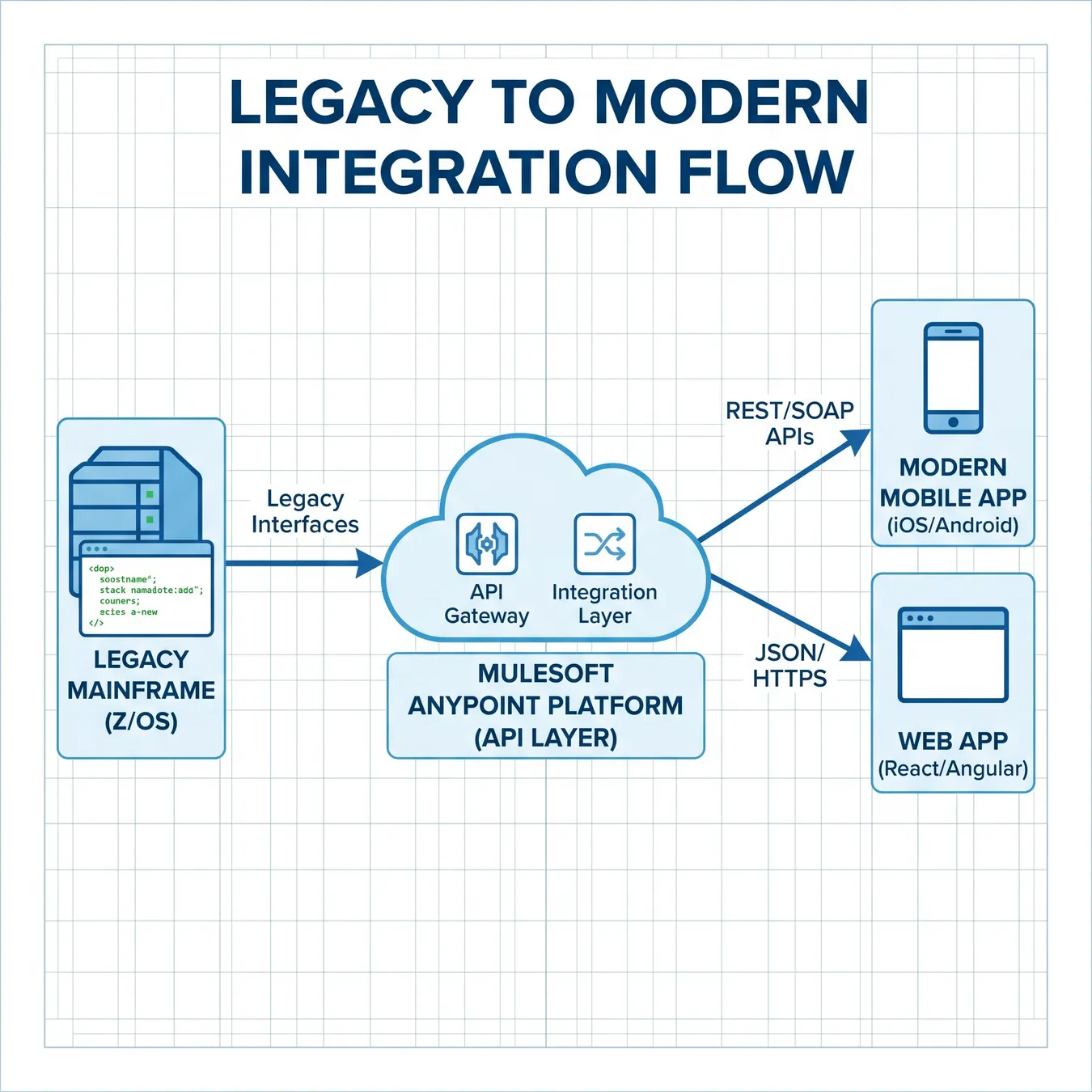 The API-led connectivity architecture for mainframe integration.