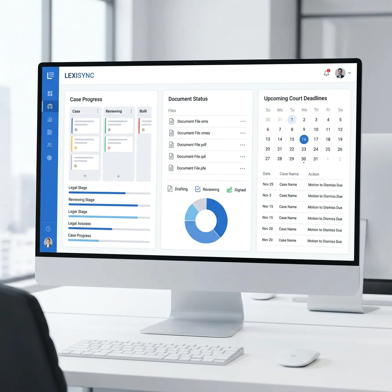 Centralized legal automation dashboards provide real-time visibility into case health and firm-wide performance.