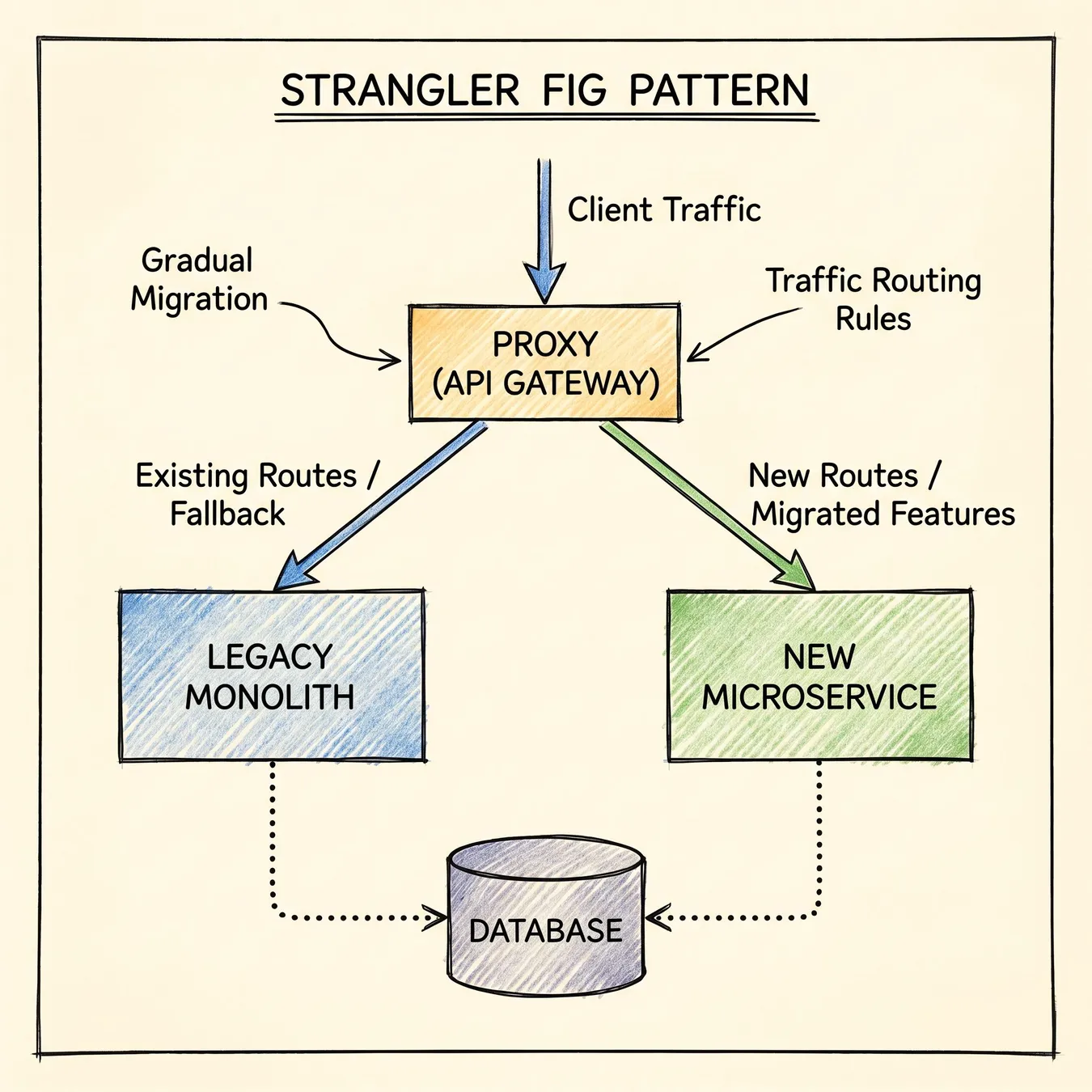 The Strangler Fig pattern uses a facade to intercept and redirect calls to new services.