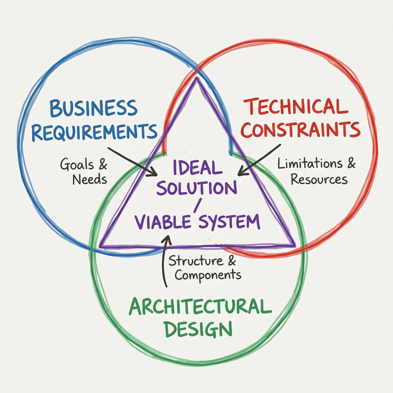 The architect balances business needs with technical feasibility.