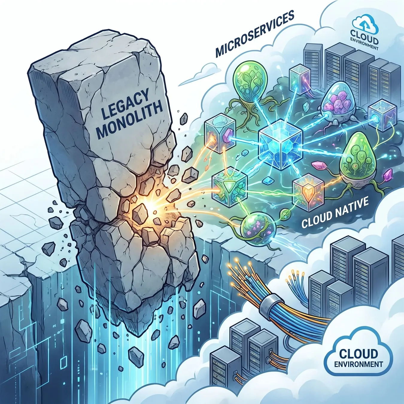 Visualizing the transition from monolithic legacy to distributed cloud architecture.