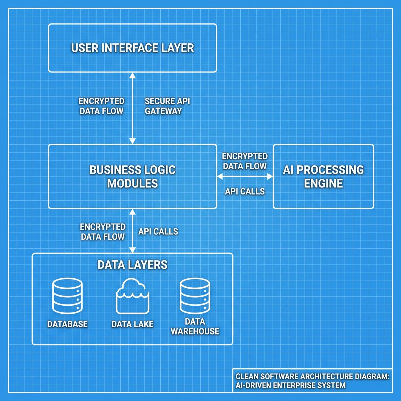 Modern AI software architecture focuses on modularity and data security.