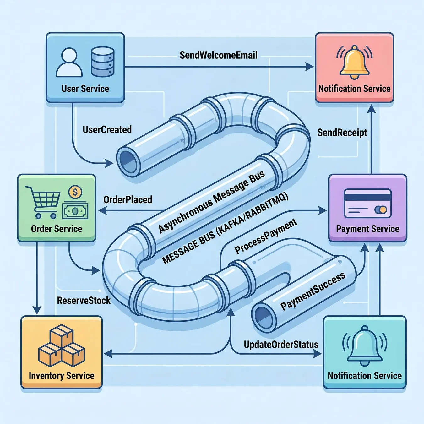 Asynchronous communication patterns reduce system coupling.
