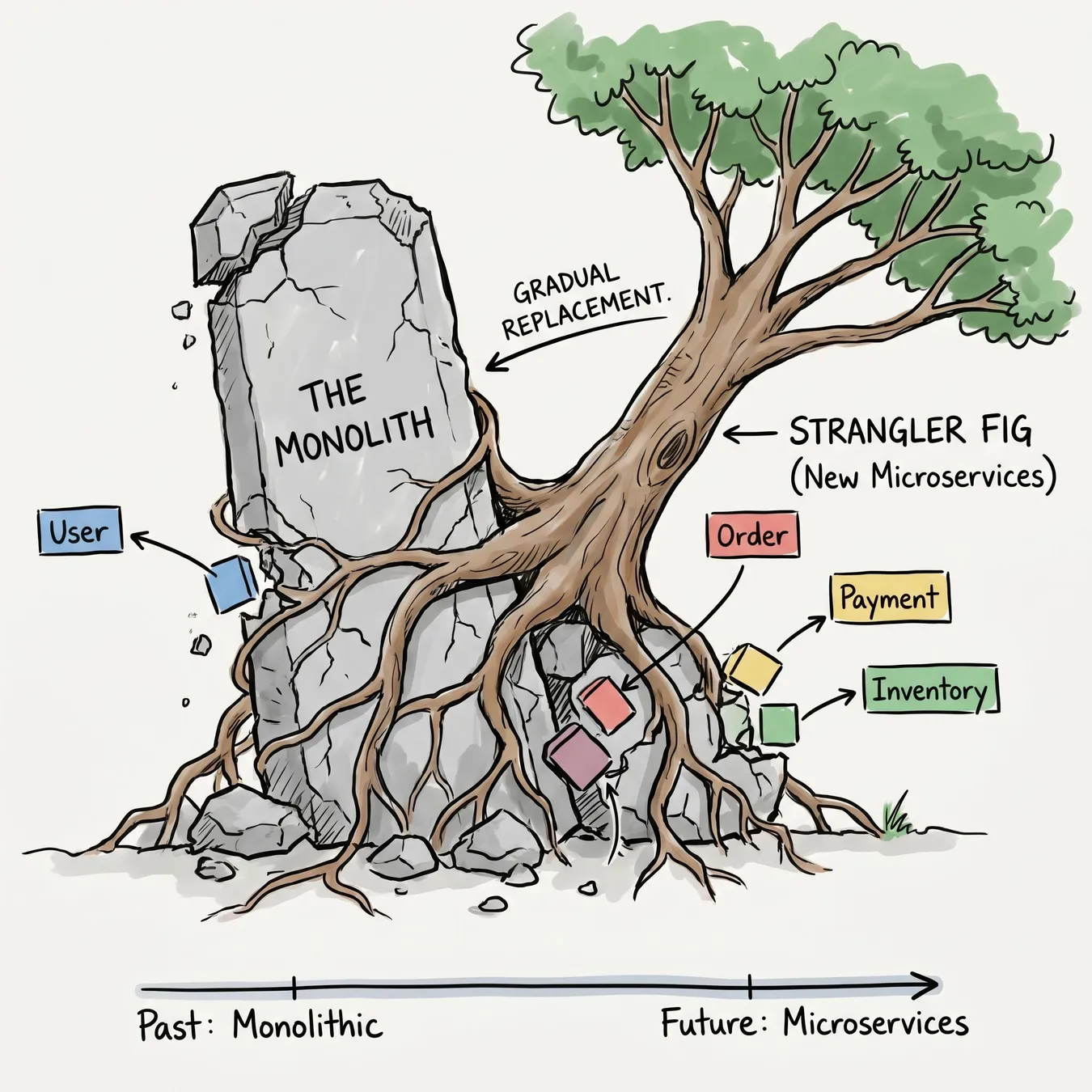 The Strangler Fig pattern allows for incremental replacement of legacy functionality.