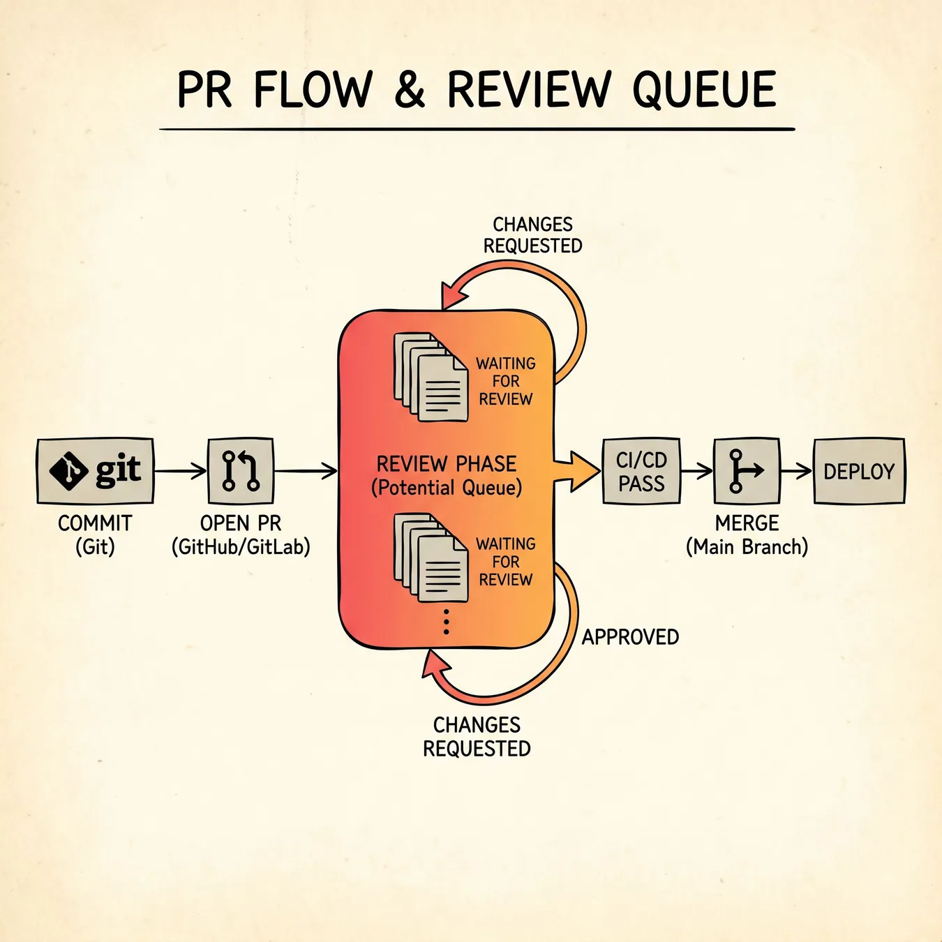 The lifecycle of a PR and where latency typically accumulates.