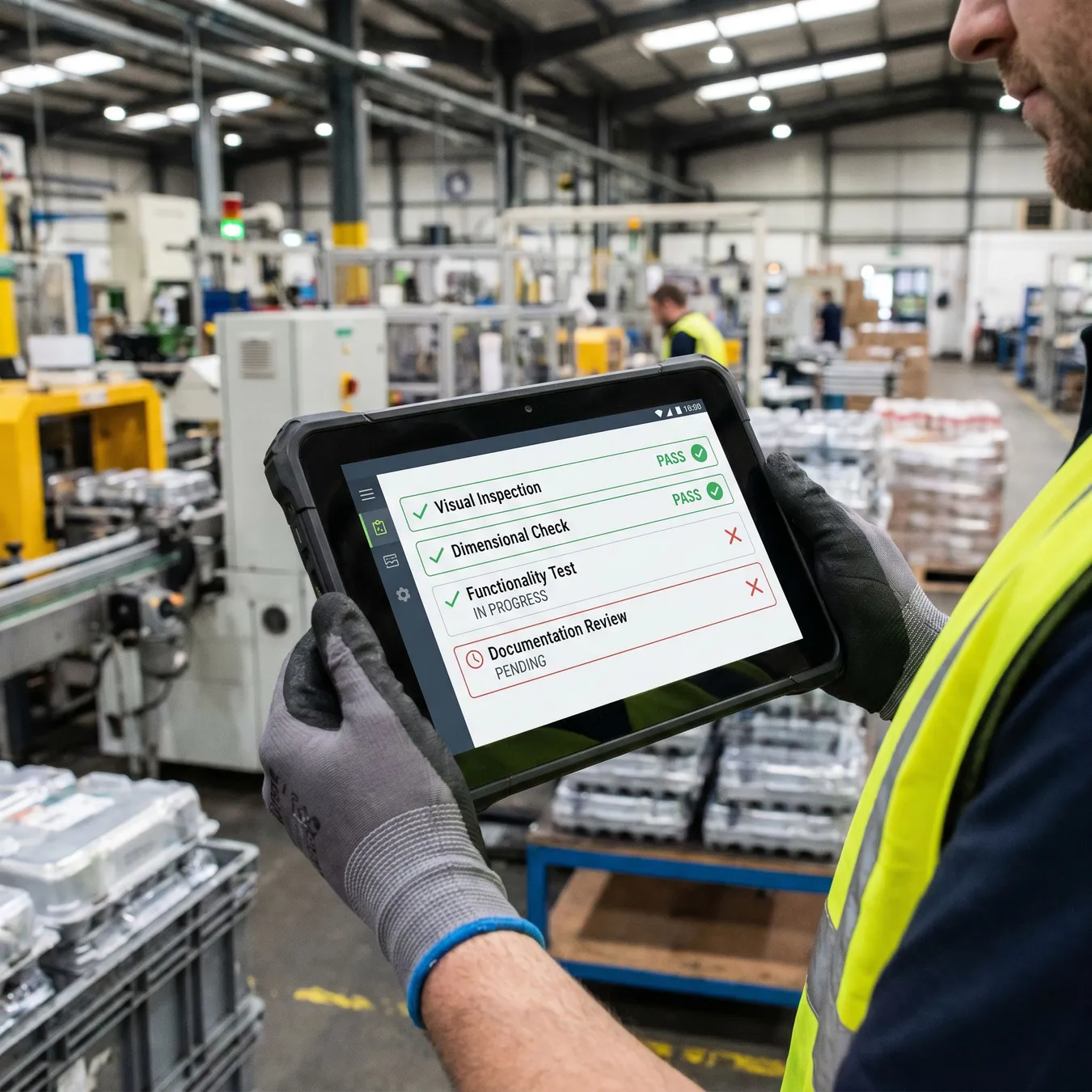 Mobile-first quality checks ensure compliance at every station.