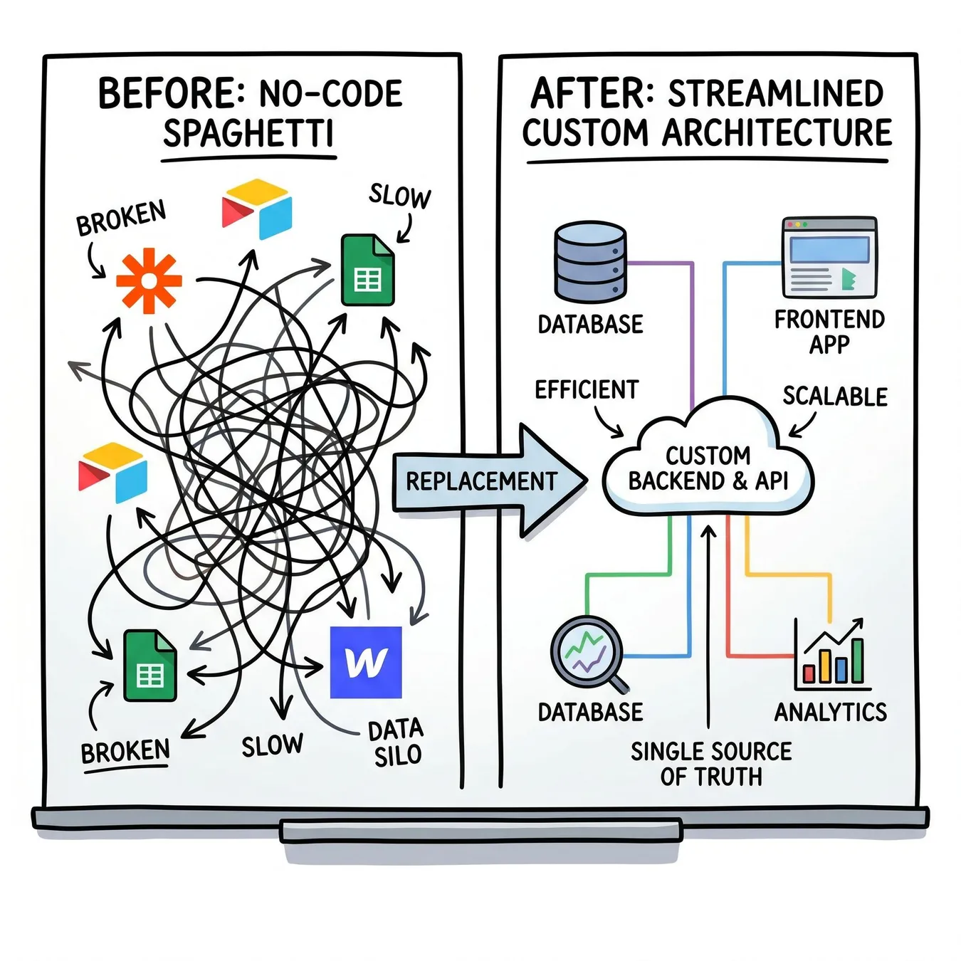 The transition from fragile no-code to durable custom code.