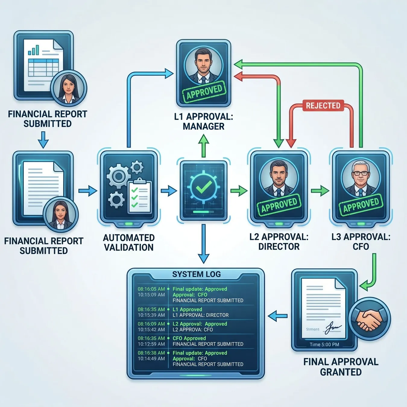 Automated approval chains reduce human error.